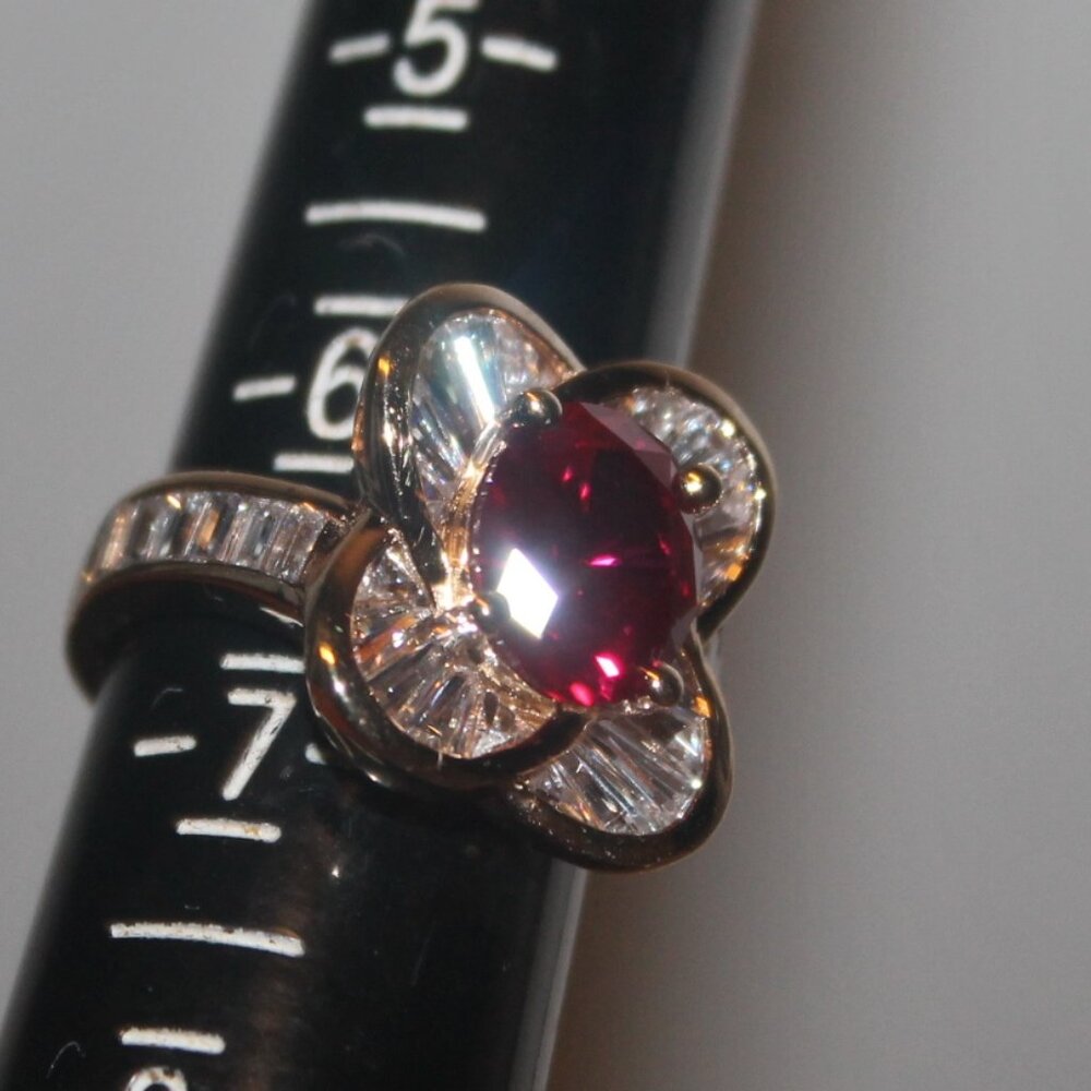 $499 Captivatinng 14K Gold Over 925 Cocktail Ruby Ring Surrounded By Baguettes